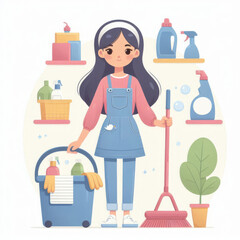 Illustration for advertising cleaning services. Female smiling character, detergents and inventory