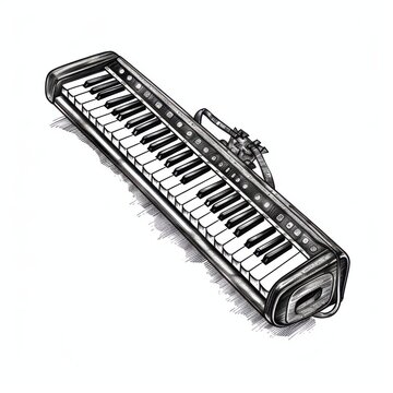 recommend clip art: Black and white Vintage engraved art of a melodica isolated on white background, ink sketch illustration, simple vector art design, highly detailed line art, high contrasty