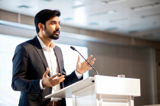 "Indian Businessman Giving a Keynote Speech at a Conference" – A professional man speaking to an audience at a business conference.
