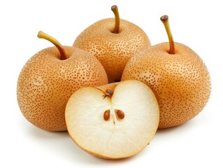 Pearfect Trio: The Chinese Pear, Ripe Nashi Pear, and Golden Pear on a White Background