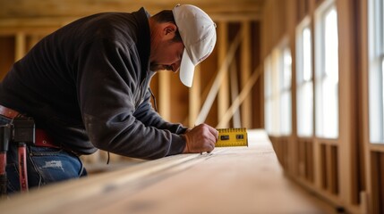 Skilled contractor measuring wood for trim work while renovating a home
