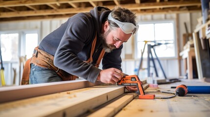 Skilled contractor measuring wood for trim work while renovating a home