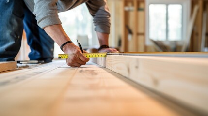 Skilled contractor measuring wood for trim work while renovating a home