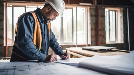Professional construction worker planning home renovation with blueprints and pencil markings