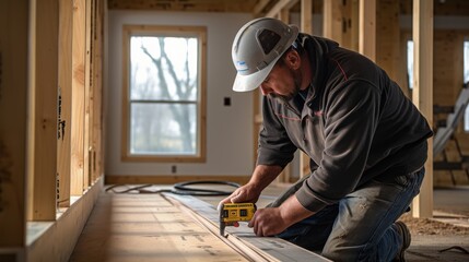 Skilled contractor measuring wood for trim work while renovating a home