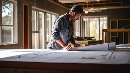 Professional construction worker planning home renovation with blueprints and pencil markings