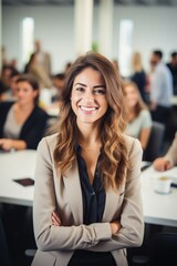 Cheerful woman at an office conference with colleagues in the background