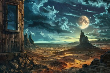 Mysterious desert landscape with ancient ruins under a full moon