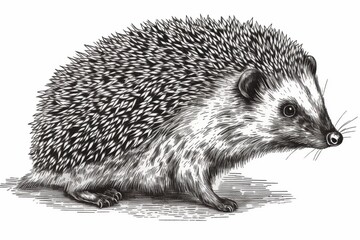 Obraz premium Black and white Vintage engraved art of a hedgehog isolated on white background, ink sketch illustration, simple vector art design, highly detailed line art, high contrasty 