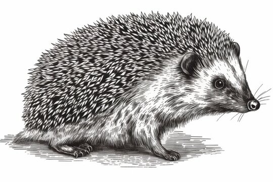recommend clip art: Black and white Vintage engraved art of a hedgehog isolated on white background, ink sketch illustration, simple vector art design, highly detailed line art, high contrasty 