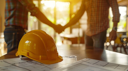A yellow hardhat with construction plans on the table, in the background two people shaking hands. Repair and construction concept.