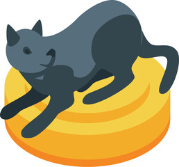 Grey cat is licking its fur while lying on a yellow pillow, enjoying a moment of peace and quiet