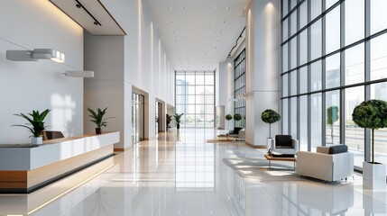 Obraz premium Clean, airy office building lobby with minimalist d?(C)cor and modern furniture