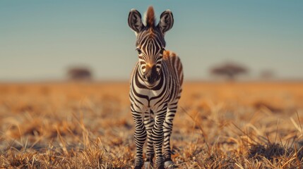 Obraz premium A Small Zebra Standing In the Middle of a Grassy Field With Trees in the Background - Generative AI