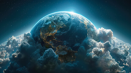 Fototapeta premium Cloud Earth Emerging from Space Amidst Starry Sky - Nighttime Cosmic Theme Highlighting Planet Surrounded by Clouds and Stars