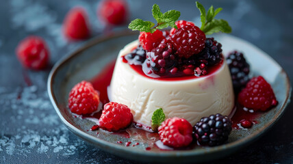 Panna cotta with fresh berries and mint leaves on a plate.