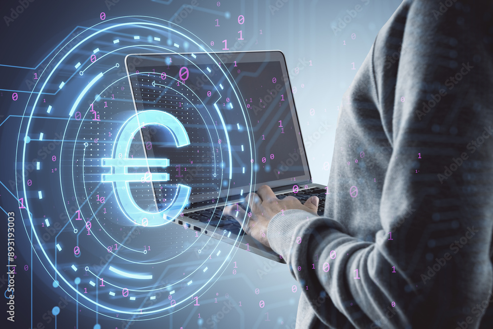 Poster close up of hacker hands using laptop with digital euro sign on blurry background. digital banking, 