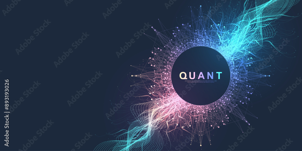 Poster Quantum computer technology concept. Deep learning artificial intelligence. Big data algorithms visualization for business, science, technology. Waves flow, dots, lines. Quantum vector illustration.