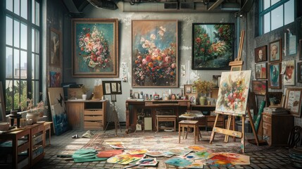 A vintage artist's study room with an easel, paint palettes, and colorful artwork on the walls.