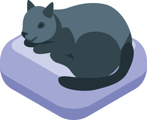 Grey cat taking a nap lying on a pillow, isometric illustration
