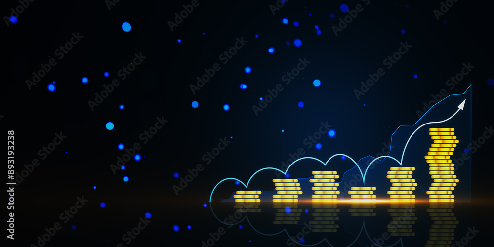 Aufkleber creative business chart and growing stacked coins on blurry bokeh circles background. financial grow
