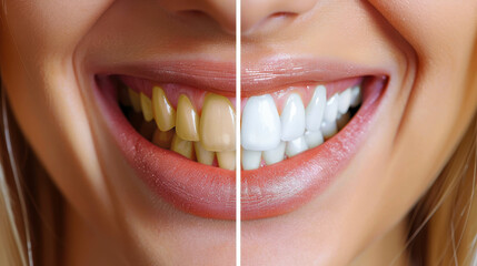 Before and After Teeth Whitening Comparison, Close-Up of Woman's Smile, Oral Care Results, Daylight, Transformation in Dental Aesthetics, Improved Dental Health, Enhanced Confidence with White Teeth