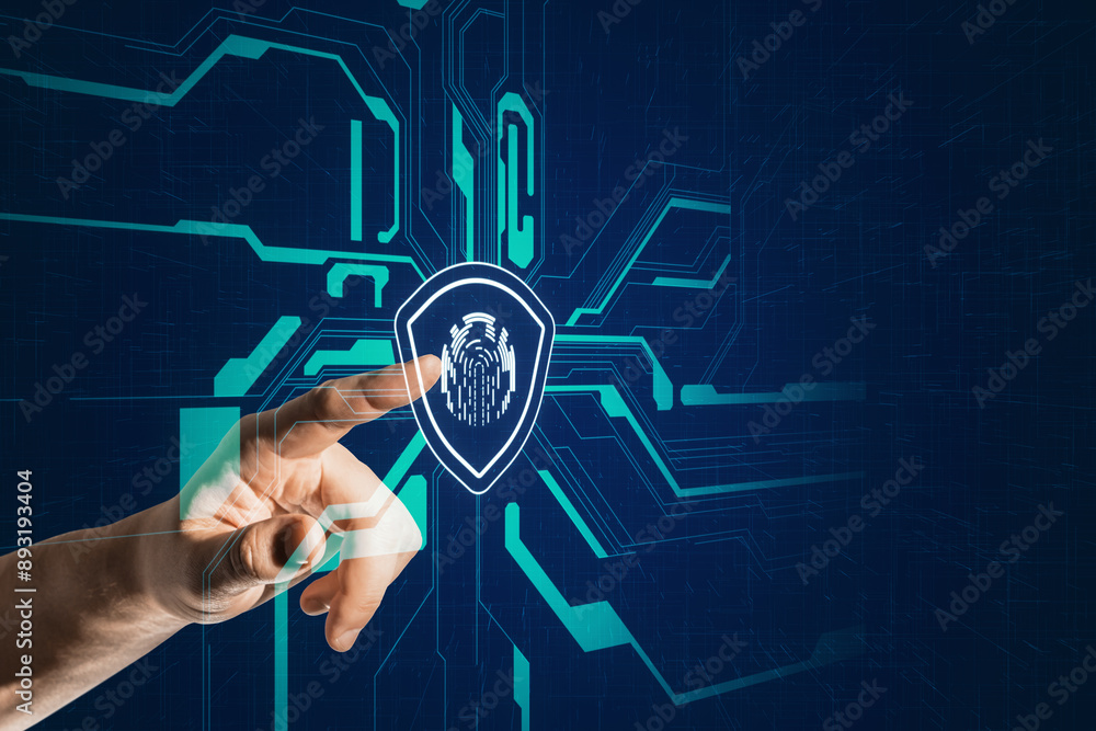 Poster Close up of male hand pointing at glowing digital shield with fingerprint on dark circuit background. Digital safety, secure and protection concept.