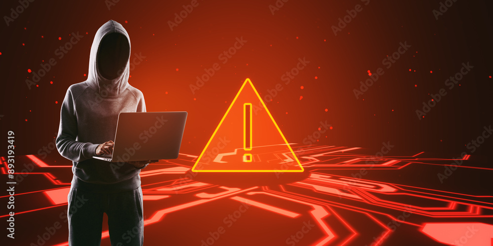 Aufkleber Hacker with laptop and red warning hologram on digital backdrop. Virus and hacker attack concept.