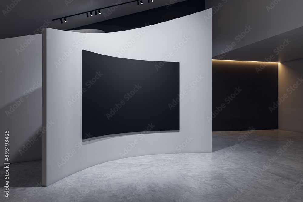 Poster modern concrete gallery interior with shaped wall and empty black mock up poster. 3d rendering.