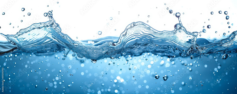 Aufkleber dynamic splash and flow of crystal clear water bubbles isolated on white background - refreshing liq