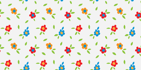 Colorful flower seamless pattern illustration. Children style floral doodle background, funny basic nature shapes wallpaper.