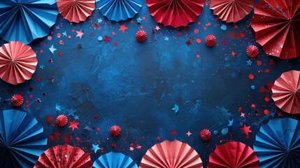 Obraz premium USA Patriotic Celebration: Red, White & Blue Paper Fans, Stars & Confetti on Top View Banner for 4th of July, Presidents Day, Independence Day, Memorial Day & US Election Concept