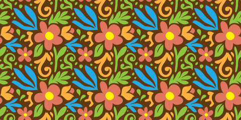 Colorful flower seamless pattern illustration. Children style floral doodle background, funny basic nature shapes wallpaper.