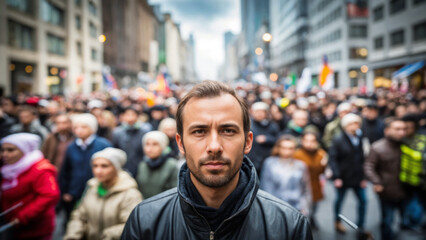 Fototapeta premium A man at a public protest among a crowd on a busy city street