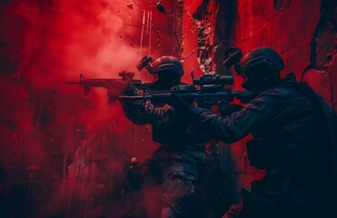 Two navy special forces soldiers in black tactical gear with M4 rifles, hiding behind the wall of an ancient castle and aiming at enemies through holes in the red walls. Red light illuminates them fro