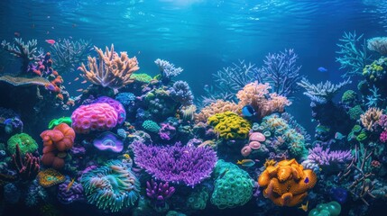 Fototapeta premium Colorful tropical coral reef with abundance of fish swimming in sunlight
