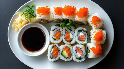 Assorted sushi rolls with soy sauce and garnish on white plate.