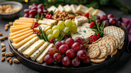 Cheese platter with grapes, nuts, and crackers