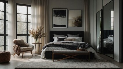 A tall full length mirror with a simple black frame