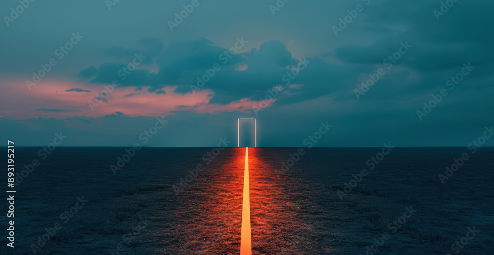 Poster surreal landscape with a glowing path leading to a luminous doorway under a dramatic sky, creating a