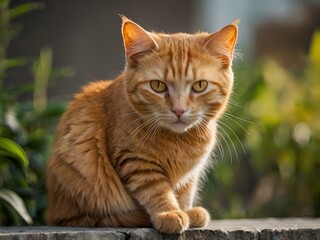 Fototapeta premium orange cat with blur background, orange cat is sitting and looking