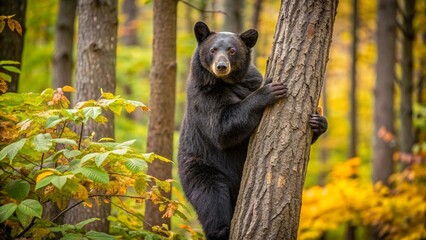 Black bear climbing a tree, claws gripping the bark, with a background of thick underbrush and fallen leaves.