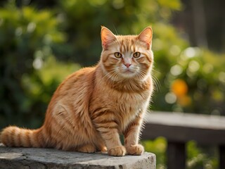 orange cat with blur background, orange cat is sitting and looking