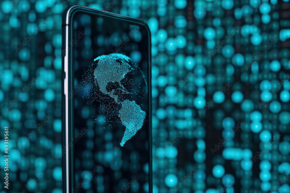 Poster smartphone displaying digital globe with abstract data background, symbolizing global connectivity a