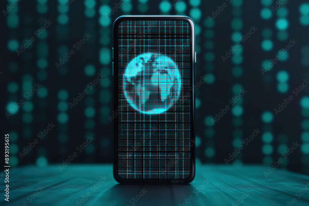 Poster smartphone displaying a digital globe with a futuristic blue data interface, symbolizing global conn
