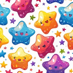 Naklejka premium Cheerful and colorful kawaii star patterned background featuring various expressive faces on stars, perfect for whimsical and playful designs.