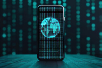 Smartphone displaying a digital globe with a futuristic blue data interface, symbolizing global connectivity and technology advancements.