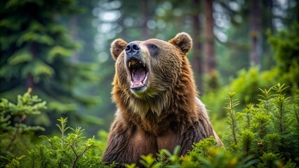 Brown bear roaring in a forest clearing, mouth open wide, with lush green vegetation all around.