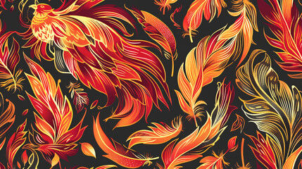  a seamless pattern of fiery phoenixes, feathers and flames in reds oranges yellows on black background,