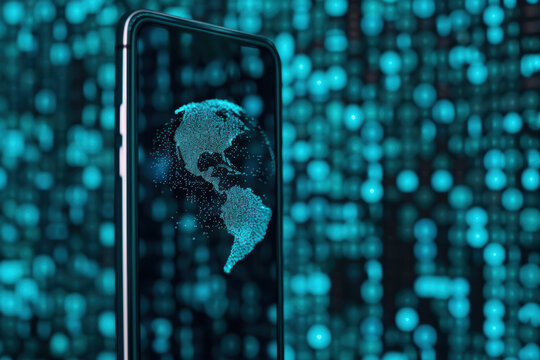 Smartphone displaying digital globe with abstract data background, symbolizing global connectivity and technology. Ideal for tech and digital concepts.